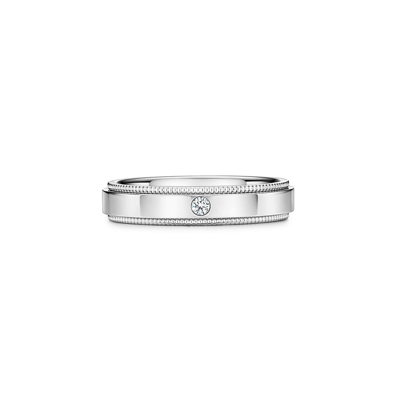 Milgrain Band Ring in Platinum with a Diamond, 4 mm Wide