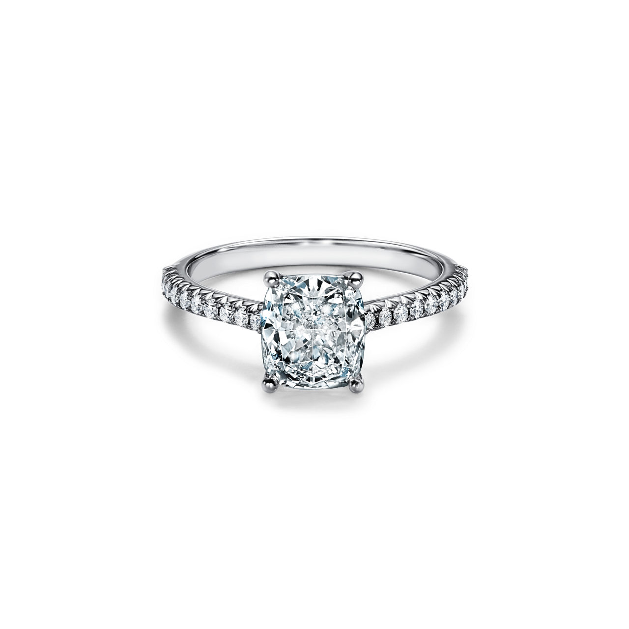 Cushion-cut Engagement Ring with a Pavé Diamond Platinum Band