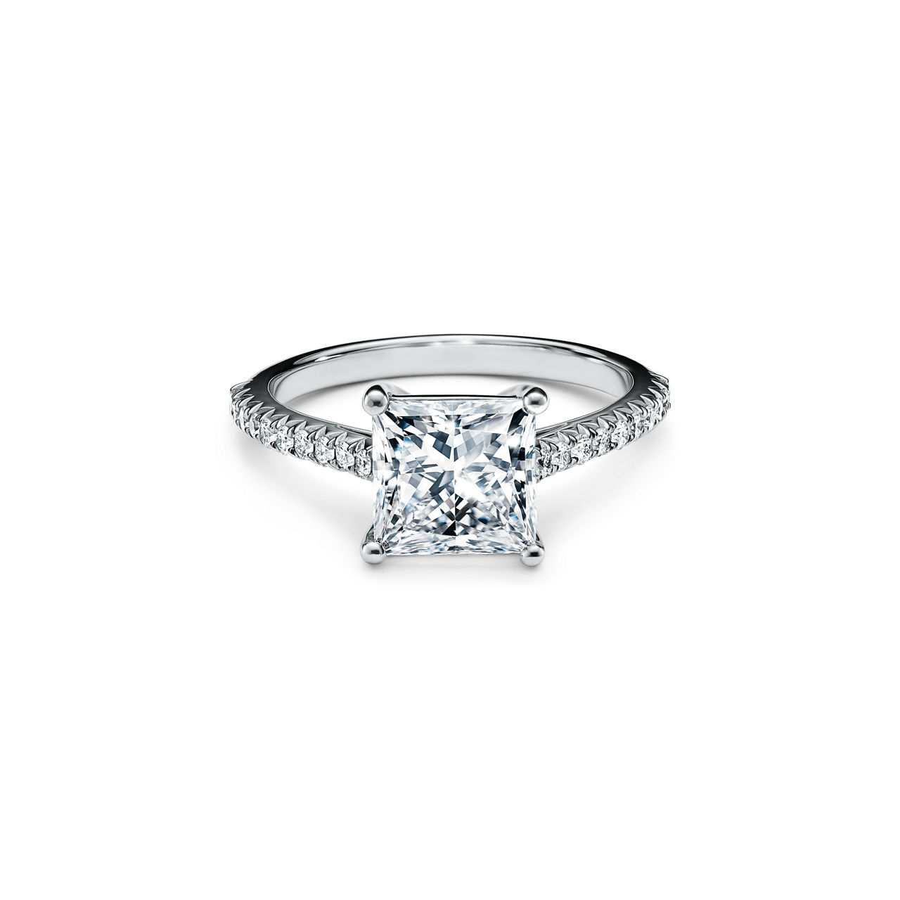 Princess-cut Engagement Ring with a Pavé-set Diamond Band in Platinum