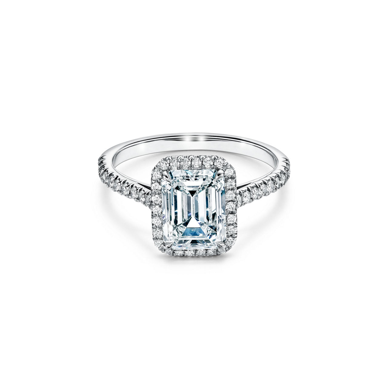 Emerald-cut Halo Engagement Ring with a Diamond Platinum Band