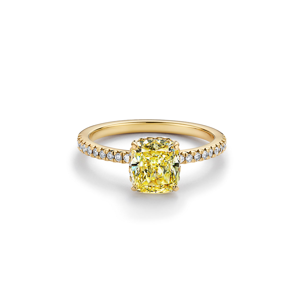 Engagement Ring with a Cushion-cut Yellow Diamond and an 18k Yellow Gold Diamond Band