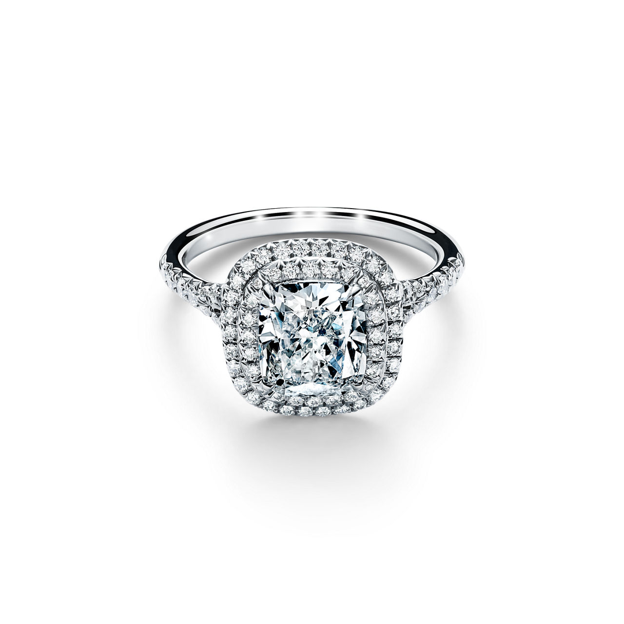 Cushion-cut Double Halo Engagement Ring with a Diamond Platinum Band