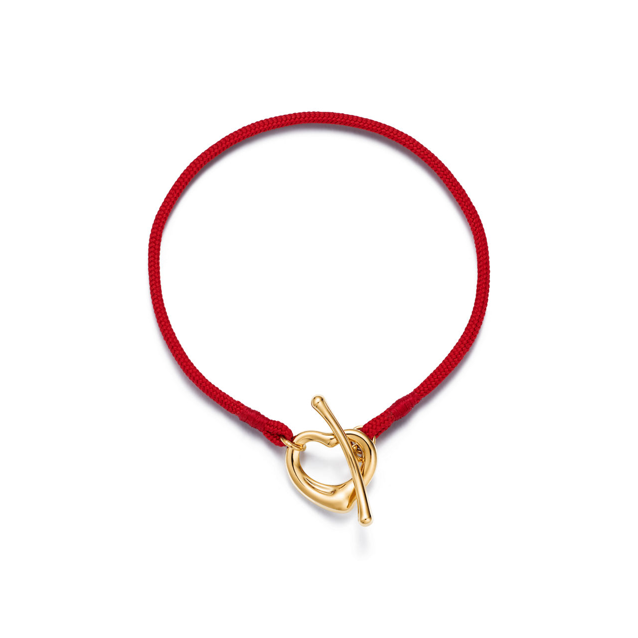 Open Heart Bracelet in Yellow Gold on a Red Silk Cord