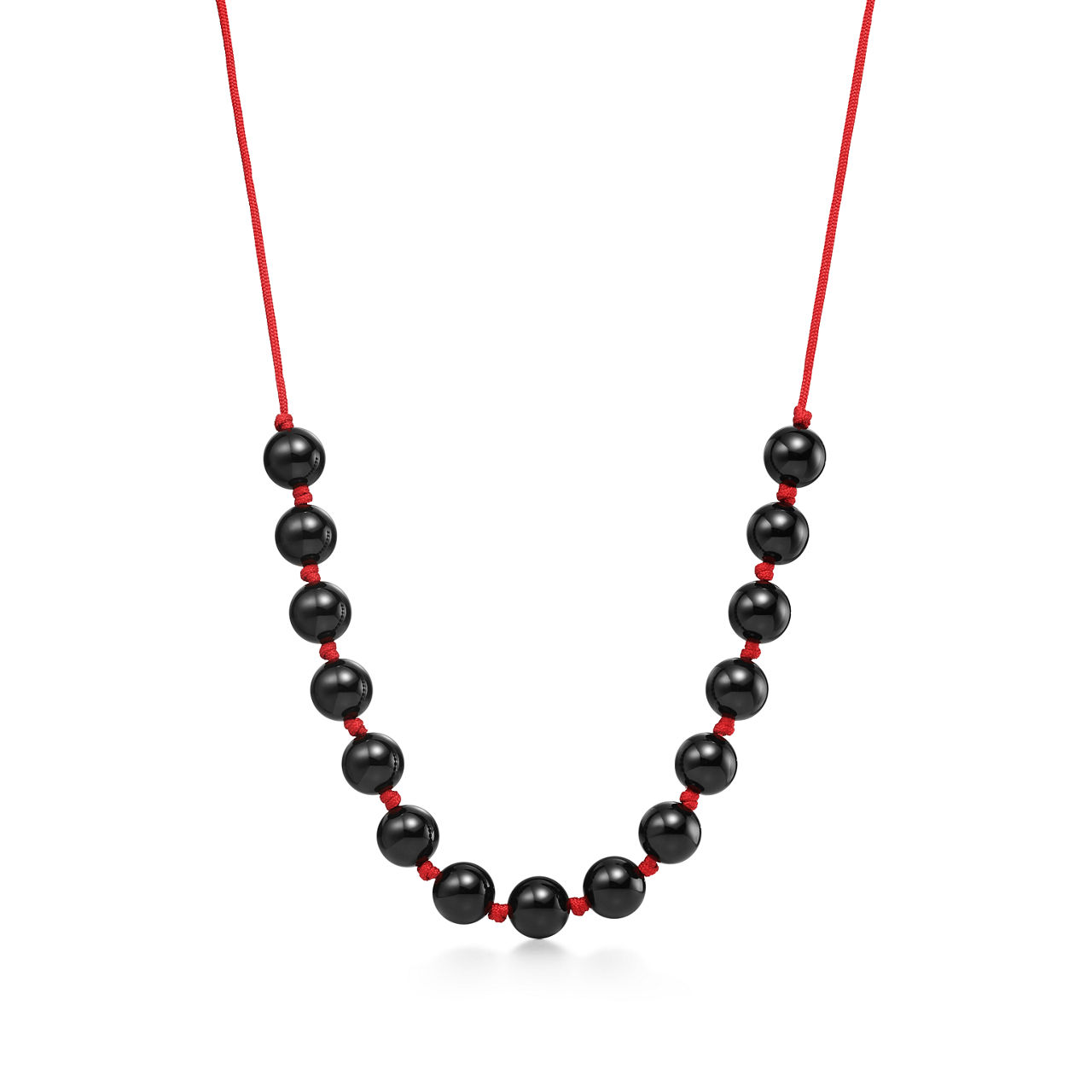 Sphere Necklace of Black Nephrite Jade with Red Silk