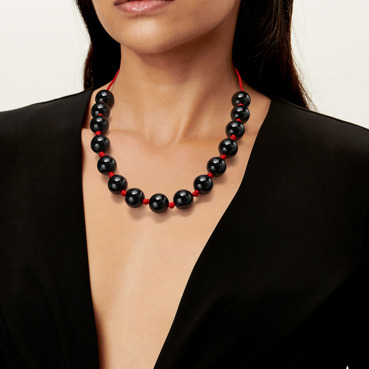 Sphere Necklace of Black Nephrite Jade with Red Silk