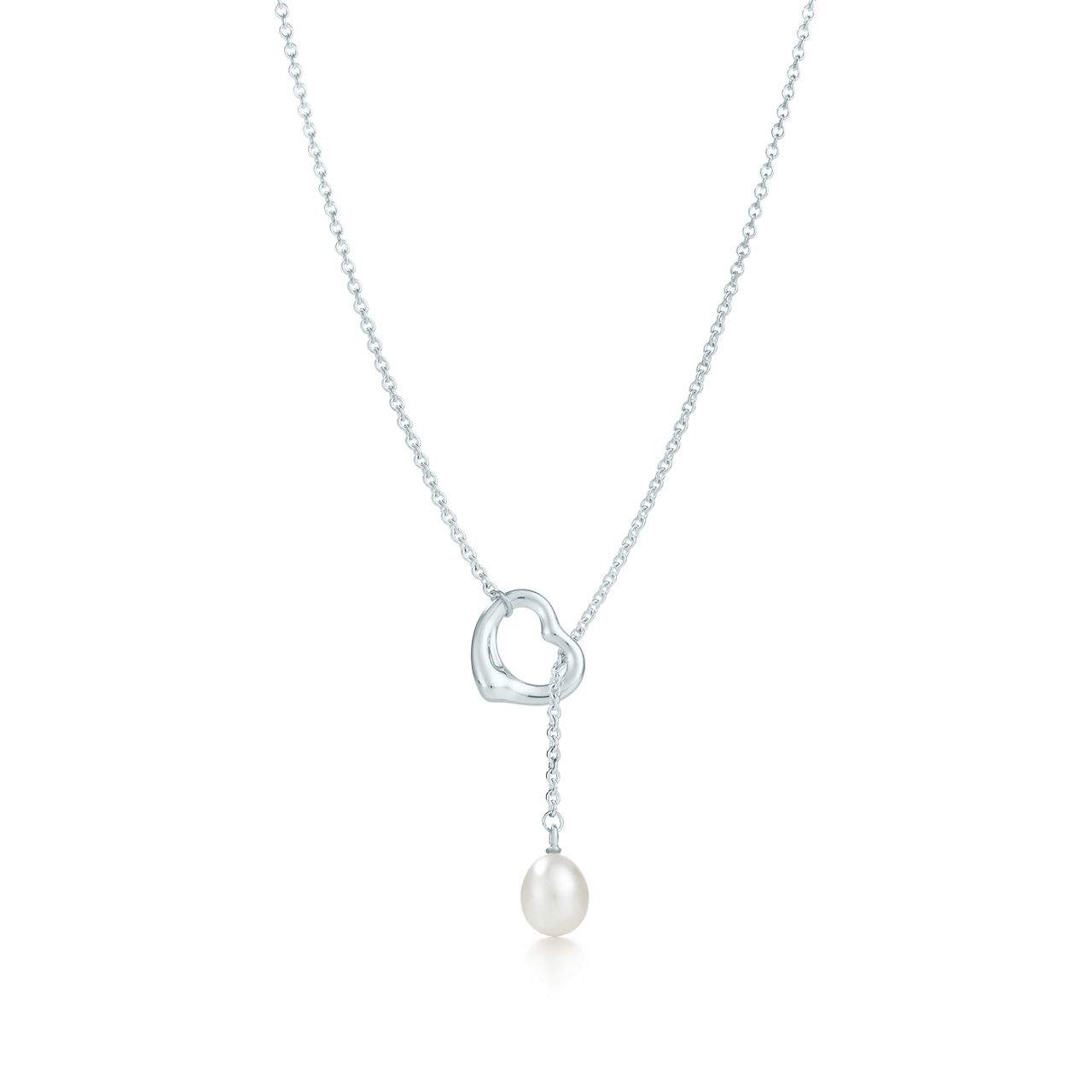 Open Heart Lariat Necklace in Silver with a Pearl