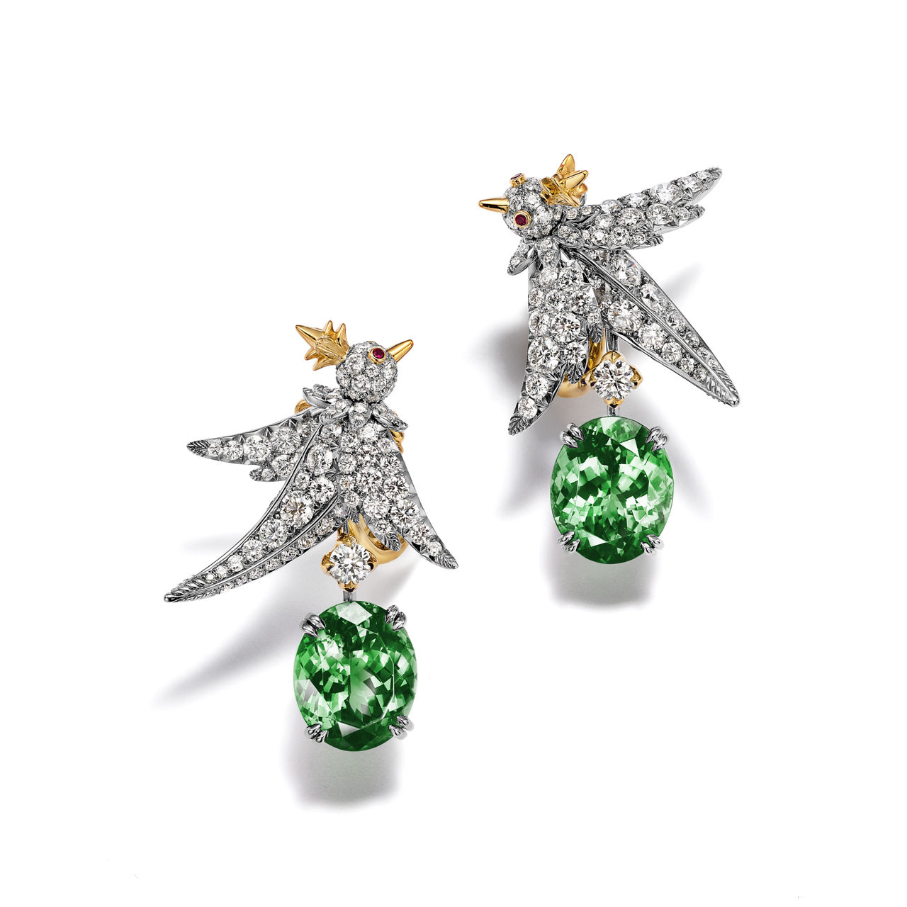 Drop Earrings in Platinum and & Gold with Green Tourmaline