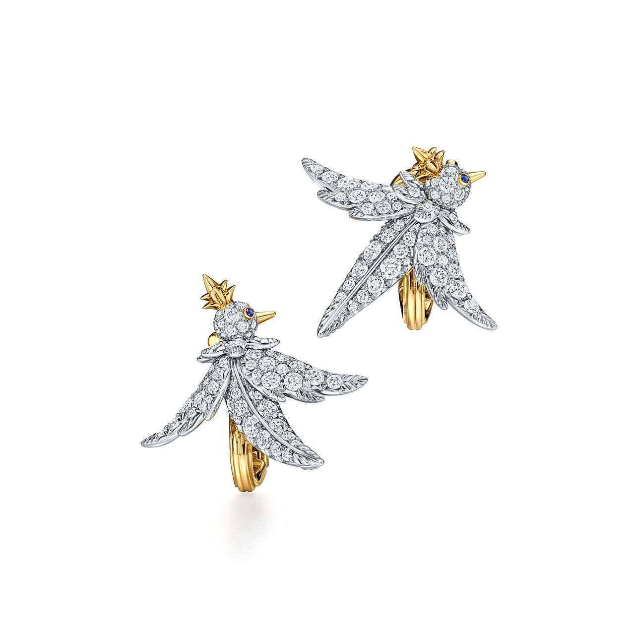 Bird Earrings in Platinum and Gold with Diamonds