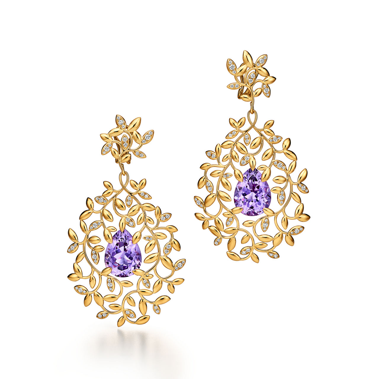 Olive Leaf Amethyst Earrings in Yellow Gold with Diamonds