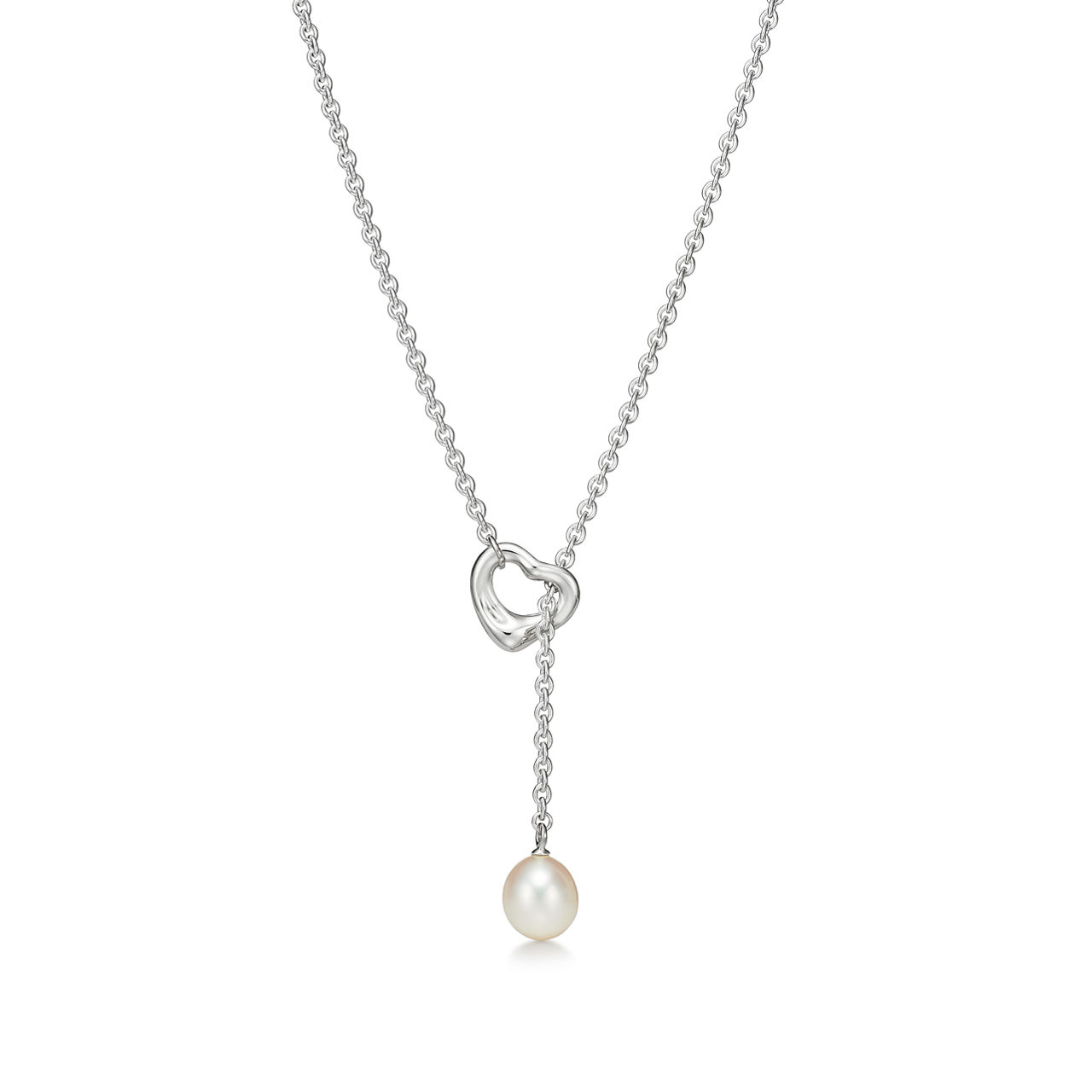 Open Heart Lariat Necklace in Silver with a Pearl