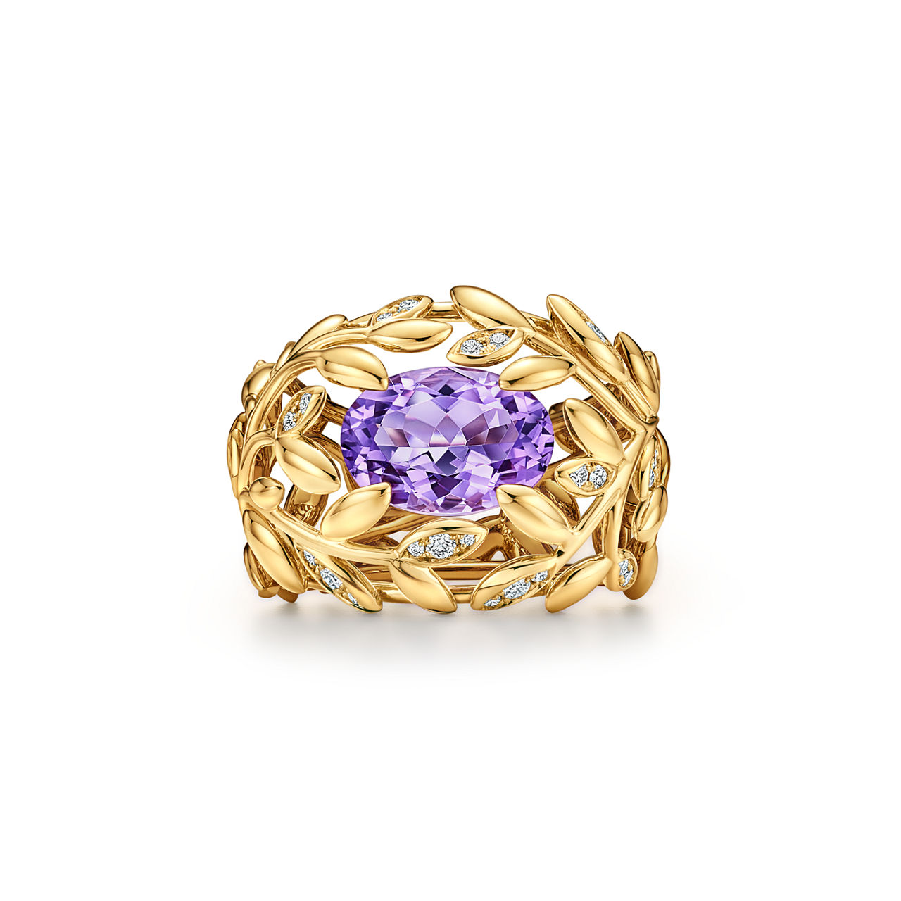 Olive Leaf Amethyst Ring in Yellow Gold with Diamonds